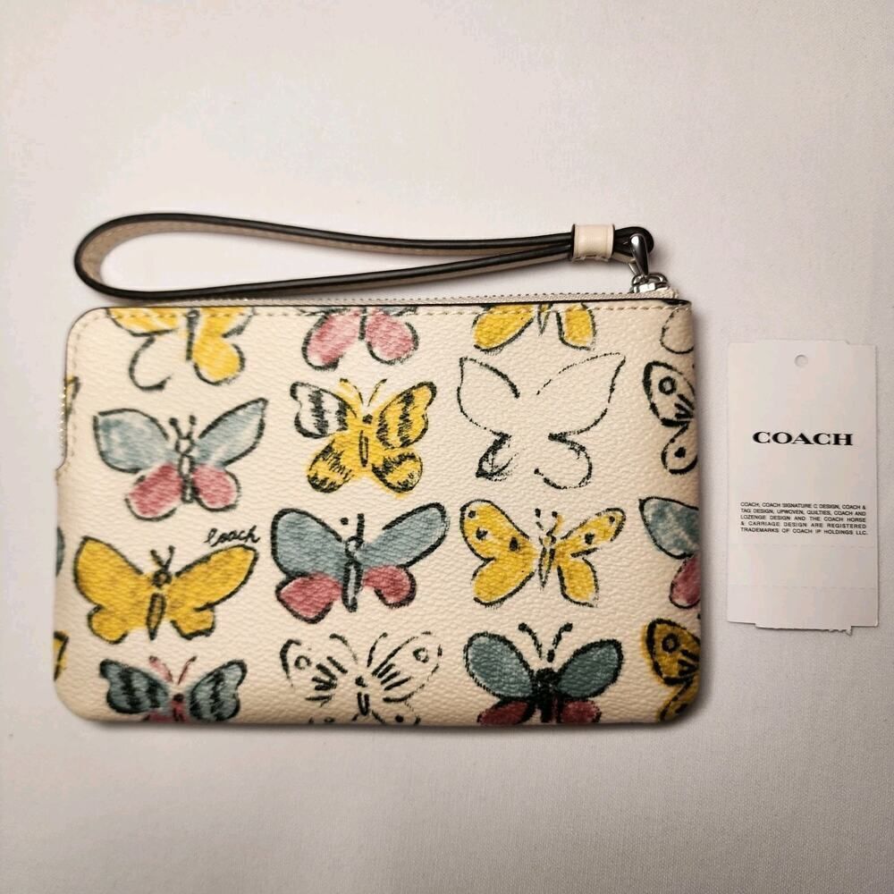 NWT Coach CAQ55 Corner Zip Wristlet Chalk Yellow Butterfly Printed Canvas V4 - Picture 3 of 3